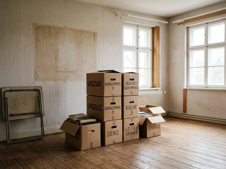 Beschriftete Umzugskartons in einem leer geräumten Zimmer - Haushaltsauflösung in Wolfenbüttel